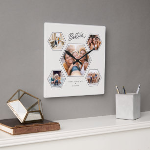 Horloge Carrée Meilleures amies 5 Script de collage photo personn