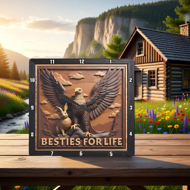 Horloge Carrée Meilleures Amies Aigle Lapin Texturé (Créateur téléchargé)
