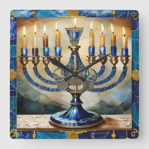 Horloge Carrée Menorah de Hanukkah bleue