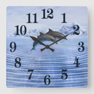 Horloge Carrée Mer bleue de dauphins en clair