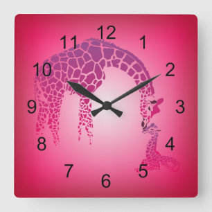 Horloge Carrée Mère et mignonne Giraffe Bébé   fuchsia