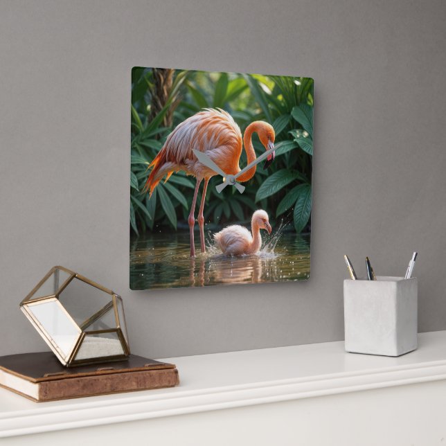 Horloge Carrée Mère flamant avec poussin (Bureau)