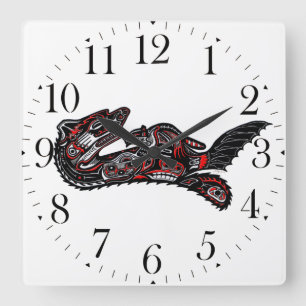 Horloge Carrée Mère Otter et Baby Otter de style haïda Art autoch