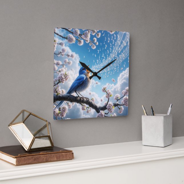 Horloge Carrée Merle Bleue Chantant Sur une Branche de Cerisier (Bureau)