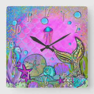 Horloge Carrée Mermaids et coquilles de mer rose étincelles