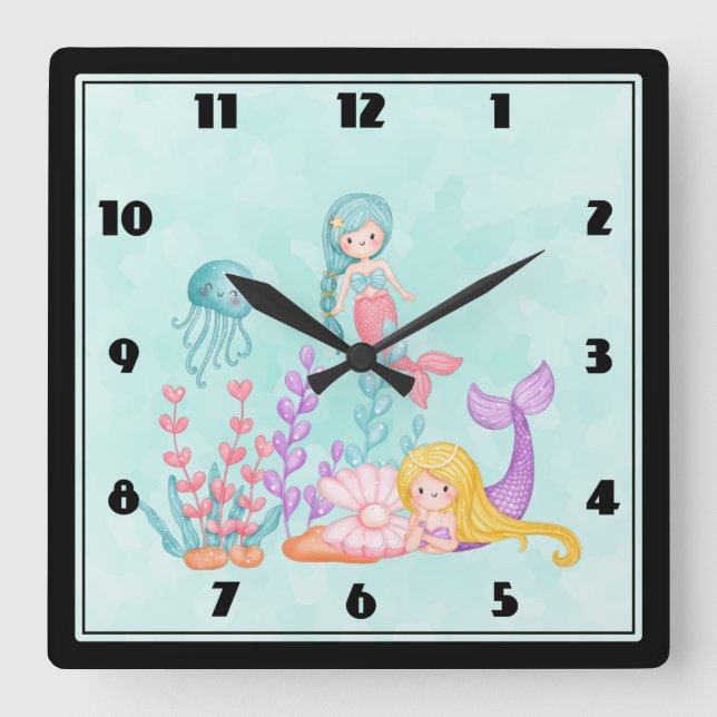 Horloge Carrée Mermaids et méduses sous l'aquarelle de la mer (Recto)