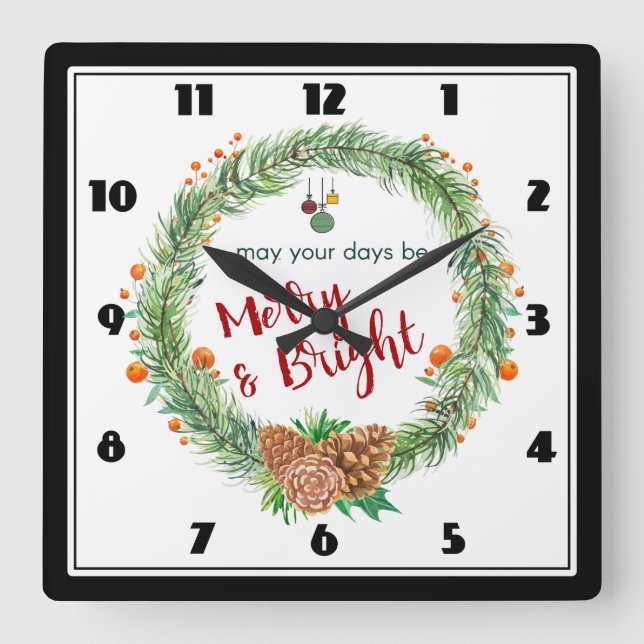 Horloge Carrée Merry & Bright Christmas Wreath (Recto)