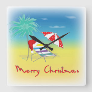 Horloge Carrée Merry Christmas, Santa Hat, Palm Tree, Beach