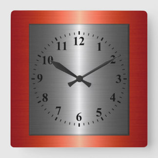 Horloge Carrée Métal en acier inoxydable rouge et argent