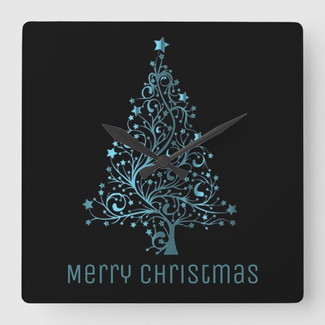 Horloge Carrée Métallc Blue Stars Christmas Tree Elegant Black (Recto)