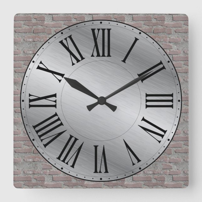 Horloge Carrée Métallc Face/Brick Wall Background (Recto)