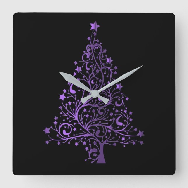 Horloge Carrée Métallc Purple Stars Christmas Tree Elegant Black (Recto)