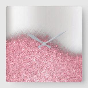 Horloge Carrée Métallique minimal rose lumineux de gris argenté