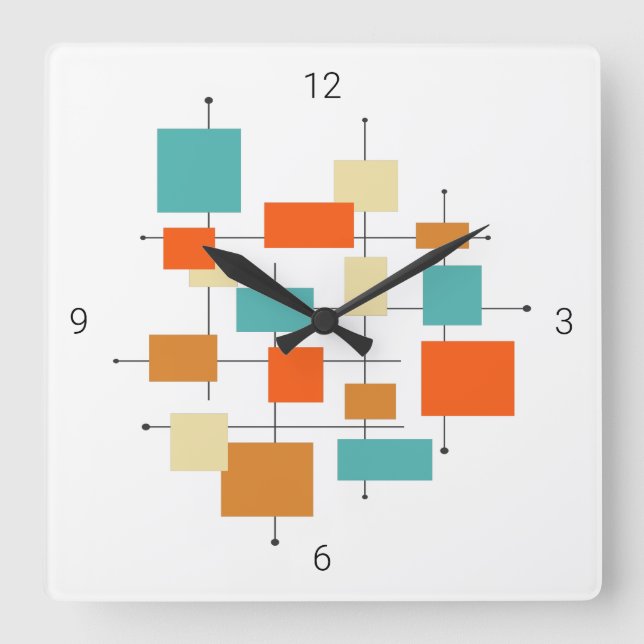 Horloge Carrée Mi-siècle Moderne Rétro Orange Turquoise Carré (Recto)