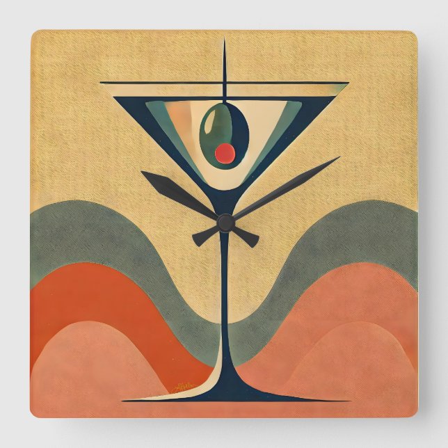 Horloge Carrée Mi-siècle Moderne "vague de martini à l'olive pime (Recto)