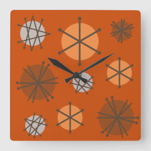 Horloge Carrée Mi-siècle Starbursts Modernes Brûlé Orange