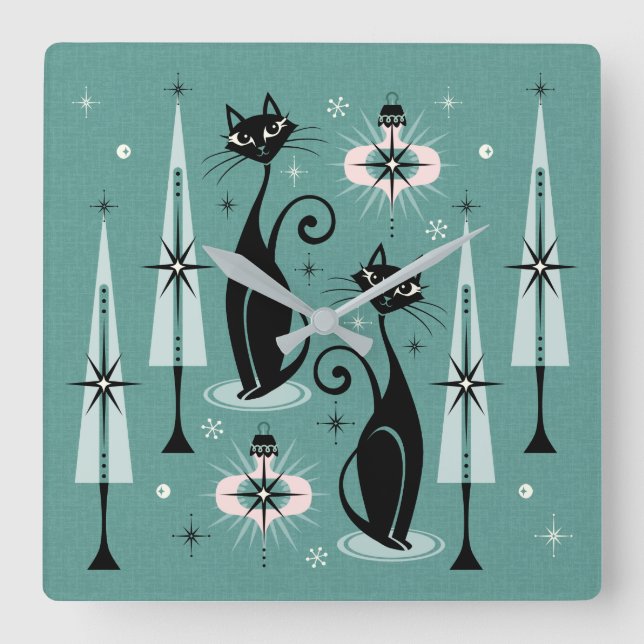 Horloge Carrée Mid Century Atomic Kitty Noël ©studioxtine (Recto)