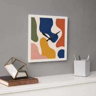 Horloge Carrée Mid-Century Modern Abstract Organic Shapes Square