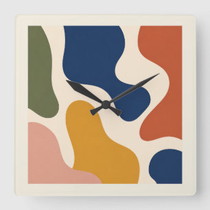 Horloge Carrée Mid-Century Modern Abstract Organic Shapes Square