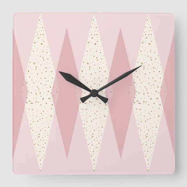 Horloge Carrée Mid Century Modern Pink Argyle Square Wall Clock (Recto)