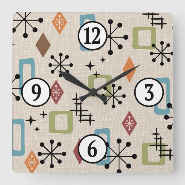 Horloge Carrée Mid Century moderne de l'âge atomique Motif de dém (Recto)