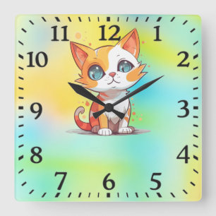 Horloge Carrée Mignon Adorable Chat Blanc