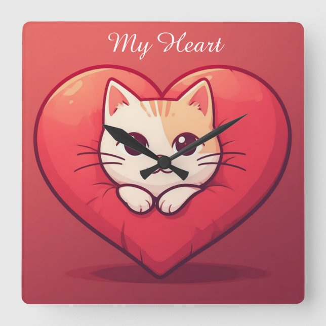 Horloge Carrée Mignon Chat Blanc avec Design Kawaii Kitty Love (Recto)