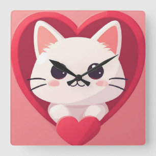 Horloge Carrée Mignon Chat Blanc avec Design Kawaii Kitty Love