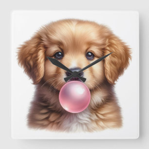 Horloge Carrée Mignon chiot brun qui souffle du bubble gum pour l