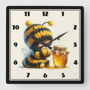 Horloge Carrée Mignonne fille en costume d'abeille avec miel