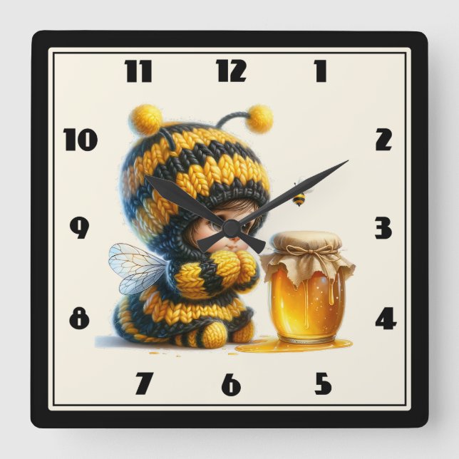 Horloge Carrée Mignonne fille en costume d'abeille avec miel (Recto)