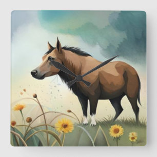 Horloge Carrée Mignonne poney brun dans le champ floral