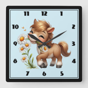 Horloge Carrée Mignonne Pony Mange Manger Des Marguerites
