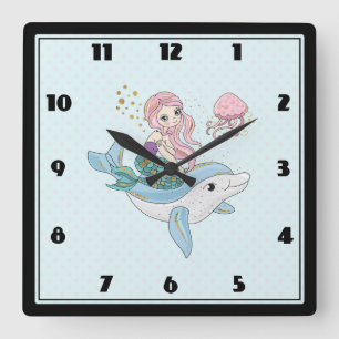 Horloge Carrée Mignonne sirène chevauchant un dauphin sous la mer