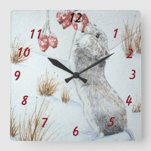 Horloge Carrée mignonne souris et des baies rouges scène de neige