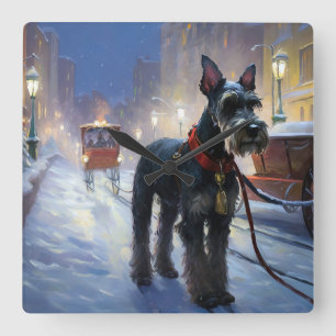 Horloge Carrée Miniature Schnauzer période festive de Noël