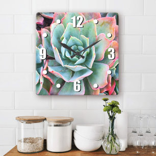 Horloge Carrée Mint vert cactus succulent photo design moderne