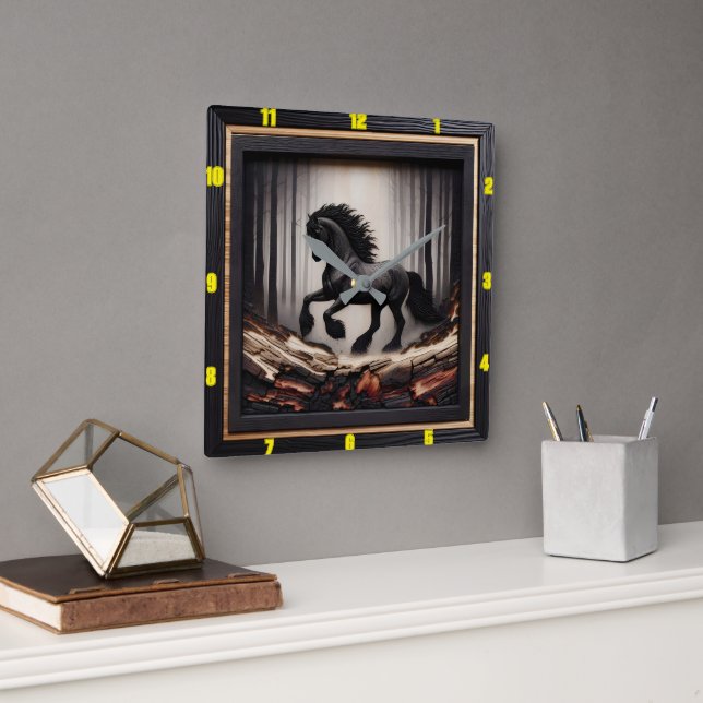 Horloge Carrée Misty Gallop : Personnalisable Charred Wood Friesi (Bureau)