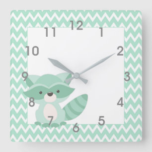 Horloge Carrée Mod Mint Chevron Raccoon Clock - chambre de bébé