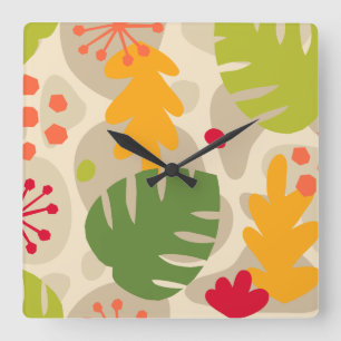 Horloge Carrée Mod Monstera Feuilles Abstrait Hawaï Tropical - Ch