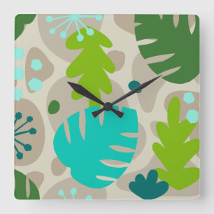 Horloge Carrée Mod Monstera Feuilles Abstrait Hawaï Tropical-Cool