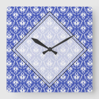 Horloge Carrée Modèle damassé élégant. Bleu et blanc.