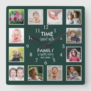 Horloge Carrée Modèle de 12 photos Famille Moment Citation Vert F
