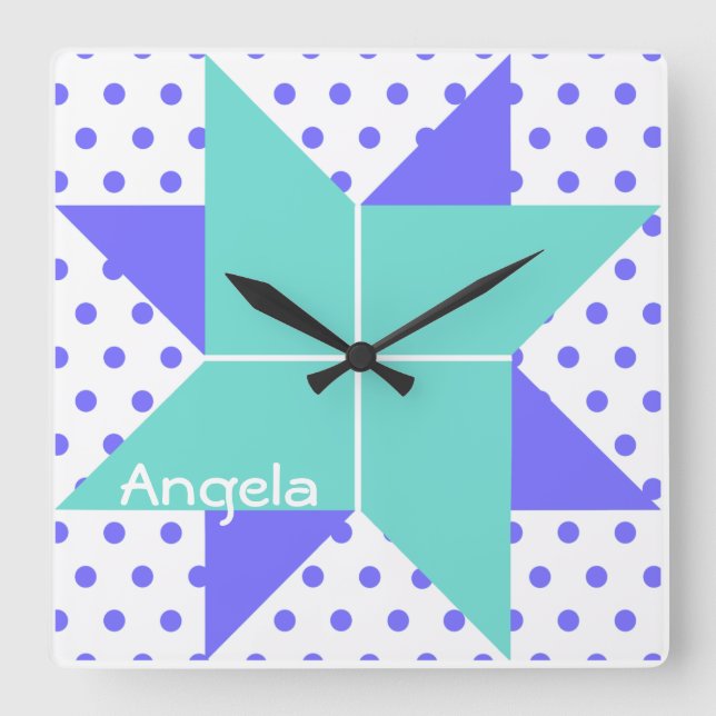 Horloge Carrée Modèle de bloc de patchwork Blue Pale Star (Recto)