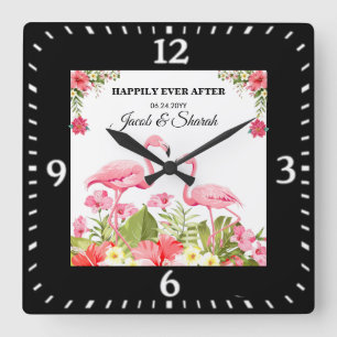 Horloge Carrée Modèle de mariage Fleurs tropicales et Flamants ro