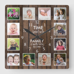 Horloge Carrée Modèle de photo Bois foncé 12 Citation de famille