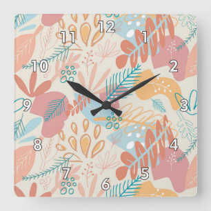 Horloge Carrée Modèle floral Abstrait Pastel dessiné à la main