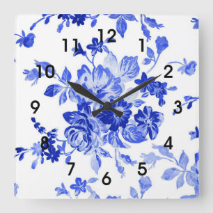 Horloge Carrée Modèle floral bleu