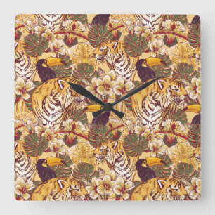 Horloge Carrée Modèle floral tropical avec tigre
