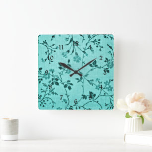 Horloge Carrée Modèle floral turquoise
